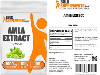 BulkSupplements.com Amla Extract Powder 1000 mg source label used in the packaging illustration