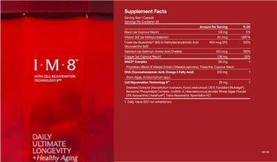 IM8 Daily Ultimate Longevity + Healthy Aging source label used in the packaging illustration