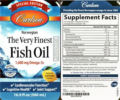 Carlson The Very Finest Fish Oil 1600 mg Natural Lemon Flavor source label used in the packaging illustration