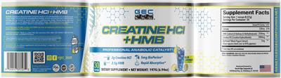 GEC Genetic Edge Compounds Creatine HCl + HMB Blue Lemonade source label used in the packaging illustration