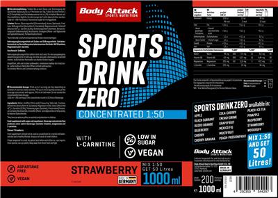 Body Attack Sports Nutrition Sports Drink Zero Strawberry Flavour product packaging