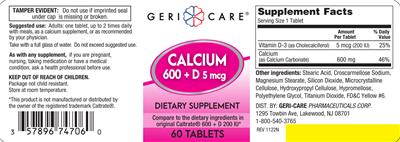 Geri-Care Calcium 600 + D 5 mcg source label used in the packaging illustration