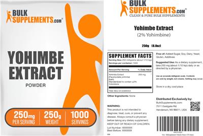 BulkSupplements.com Yohimbe Extract Powder 250 mg per serving product packaging