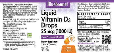 Bluebonnet Liquid Vitamin D3 Drops 25 mcg (1000 IU) Citrus Flavor product packaging