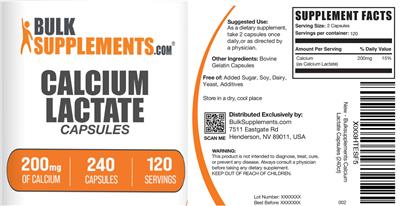 BulkSupplements.com Calcium Lactate 200 mg Capsules product packaging