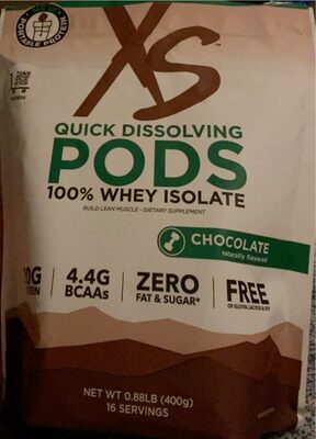 XS 100% Whey Isolate Quick Dissolving Pods Chocolate source label used in the packaging illustration