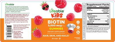 Lifeable Kids Biotin 5000 mcg Gummies Raspberry Flavor source label used in the packaging illustration