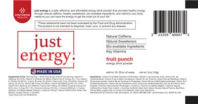 Centurion Health Just Energy Fruit Punch source label used in the packaging illustration