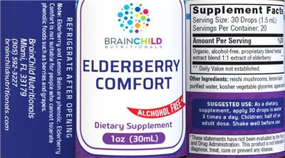 Brainchild Nutritionals Elderberry Comfort Alcohol Free source label used in the packaging illustration