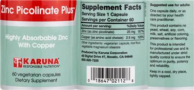 Karuna Zinc Picolinate Plus source label used in the packaging illustration