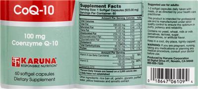 Karuna CoQ-10 100 mg source label used in the packaging illustration