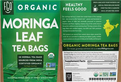 FGO Organic Moringa Leaf Tea Bags source label used in the packaging illustration