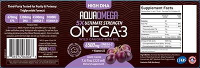 AquaOmega High DHA Omega-3 4500 mg Grape Flavor source label used in the packaging illustration