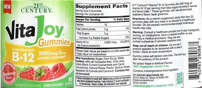 21st Century VitaJoy Gummies B-12 3000 mcg Raspberry Flavor source label used in the packaging illustration