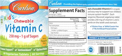 Carlson Kid's Chewable Vitamin C 250 mg Natural Tangerine Flavor! source label used in the packaging illustration