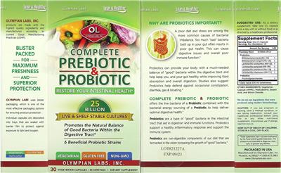 OL Olympian Labs Lean & Healthy Complete Prebiotic & Probiotic source label used in the packaging illustration