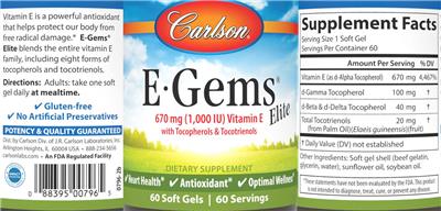 Carlson E-Gems Elite 670 mg (1000 IU) source label used in the packaging illustration