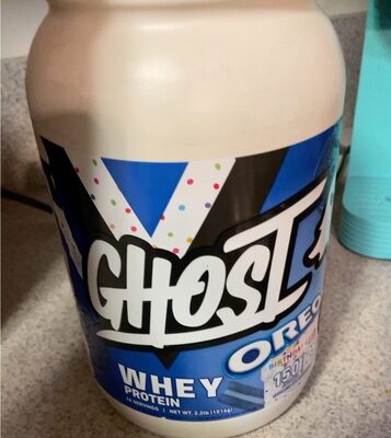 GHOST Whey Protein Oreo Birthday Cake Flavor source label used in the packaging illustration