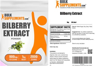 BulkSupplements.com Bilberry Extract Powder 500 mg source label used in the packaging illustration