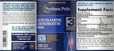 Puritan's Pride Glucosamine Chondroitin MSM source label used in the packaging illustration