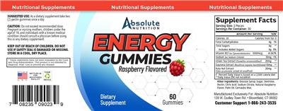 Absolute Nutrition Energy Gummies Raspberry Flavored source label used in the packaging illustration