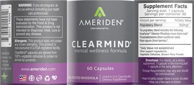 Ameriden International ClearMind source label used in the packaging illustration
