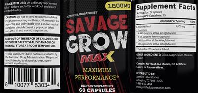 Justified Laboratories Savage Grow Max source label used in the packaging illustration