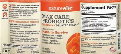 NatureWise Max Care Probiotics source label used in the packaging illustration