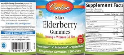 Carlson Black Elderberry Gummies 100 mg Natural Berry Flavor source label used in the packaging illustration