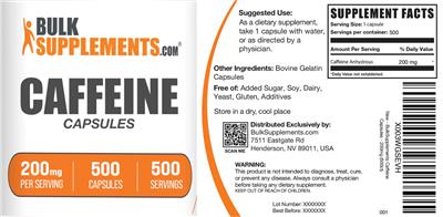 BulkSupplements.com Caffeine Capsules 200 mg source label used in the packaging illustration