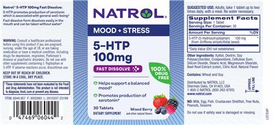 Natrol 5-HTP 100 mg Fast Dissolve Mixed Berry source label used in the packaging illustration