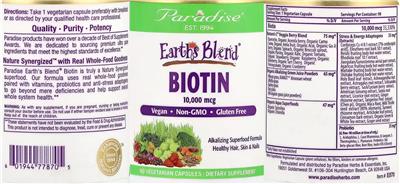 Paradise Earth's Blend Biotin 10000 mcg source label used in the packaging illustration