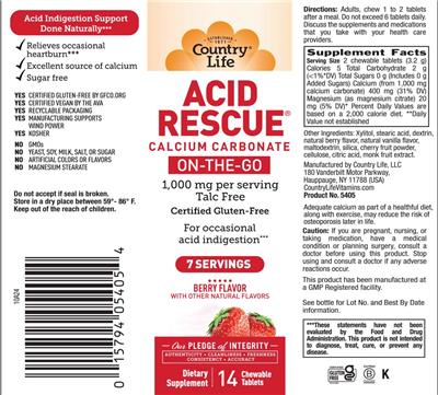 Country Life Acid Rescue On-The-Go Berry Flavor source label used in the packaging illustration