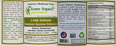 Green Organic Supplements Lyme Disease Immune System Enhancer source label used in the packaging illustration
