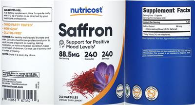 Nutricost Saffron 88.5 mg source label used in the packaging illustration