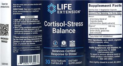 Life Extension Cortisol-Stress Balance source label used in the packaging illustration
