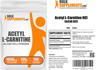 BulkSupplements.com Acetyl L-Carnitine Powder 1000mg source label used in the packaging illustration
