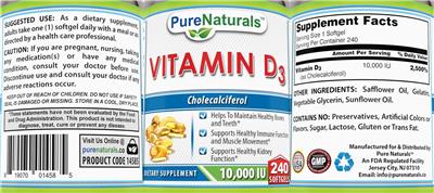 Pure Naturals Vitamin D3 10000 IU source label used in the packaging illustration