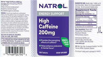 Natrol High Caffeine 200 mg source label used in the packaging illustration