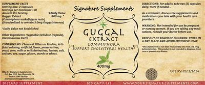 Signature Supplements Guggal Extract 400 mg source label used in the packaging illustration