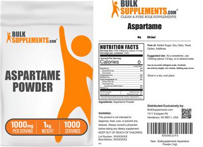 BulkSupplements.com Aspartame Powder 1000 mg source label used in the packaging illustration