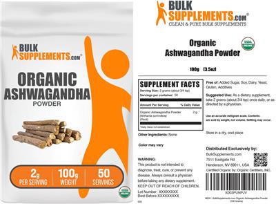 BulkSupplements.com Organic Ashwagandha Powder 2g product packaging