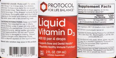 Protocol For Life Balance Liquid Vitamin D3 400 IU source label used in the packaging illustration