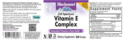 Bluebonnet Full Spectrum Vitamin E Complex source label used in the packaging illustration