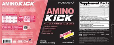 NutraBio Amino Kick Raspberry Lemonade source label used in the packaging illustration