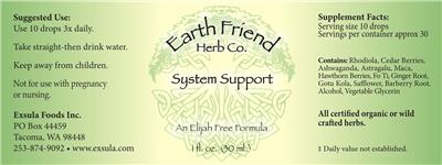 Earth Friend Herb Co. System Support source label used in the packaging illustration
