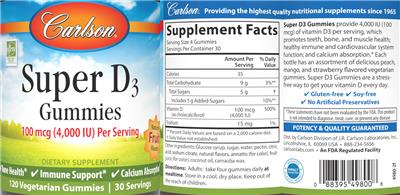Carlson Super D3 Gummies 100 mcg (4000 IU) Natural Fruit Flavors source label used in the packaging illustration