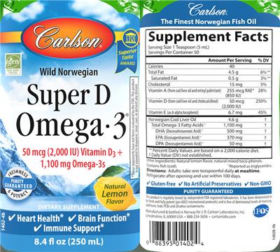 Carlson Super D Omega-3 Natural Lemon Flavor source label used in the packaging illustration