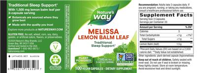 Nature's Way Melissa Lemon Balm Leaf 1500 mg product packaging