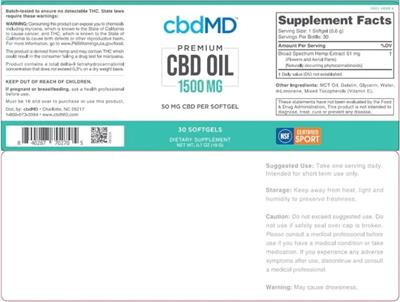 cbdMD Premium CBD Oil 1500 mg source label used in the packaging illustration